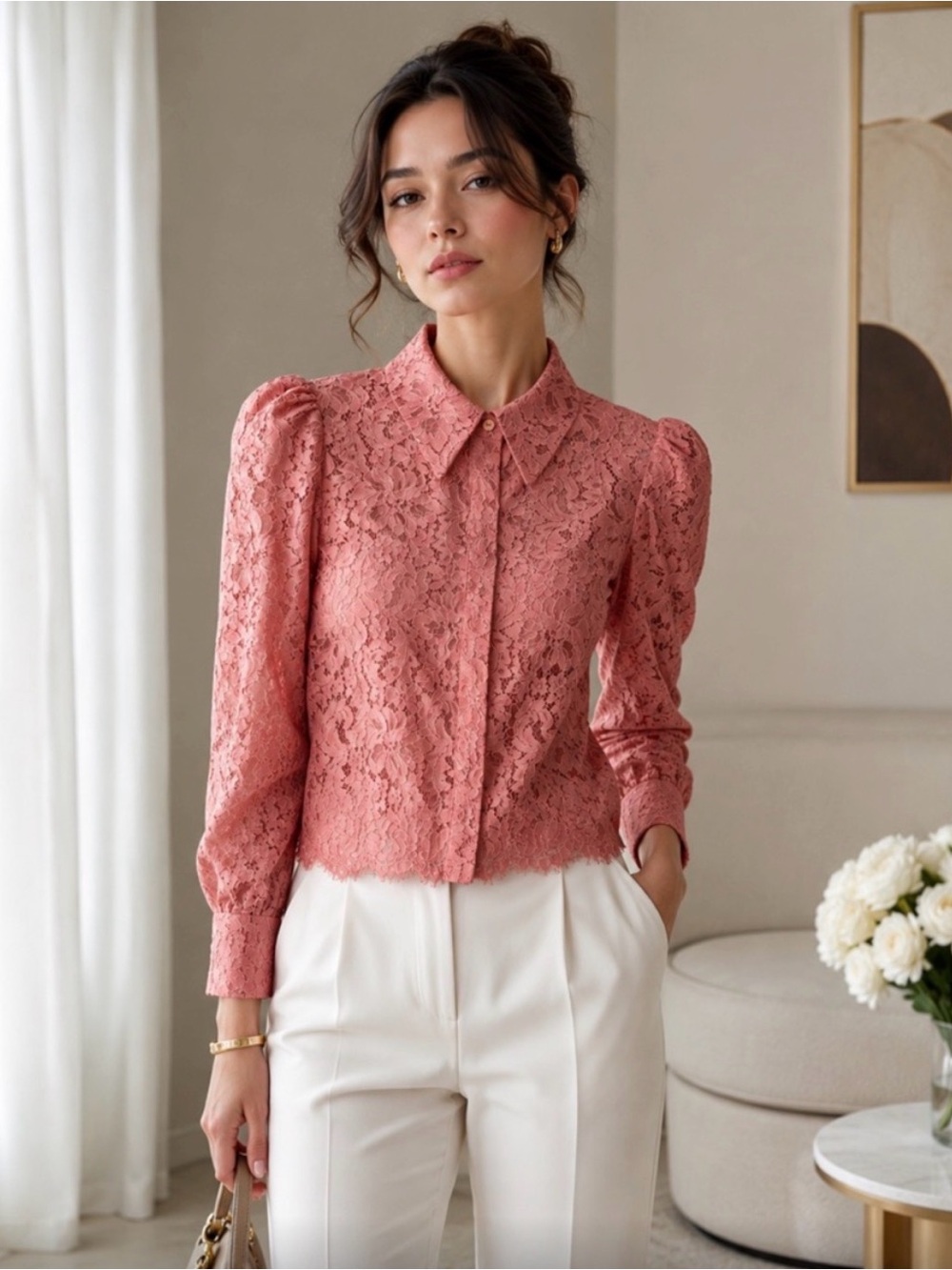 L'AGENCE Dusty Rose Lace Puff-Sleeve Blouse